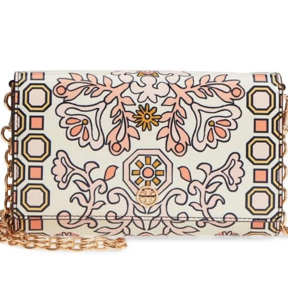 Tory Burch Hicks Garden Party Leather Bag Wallet Chain Crossbody Pink